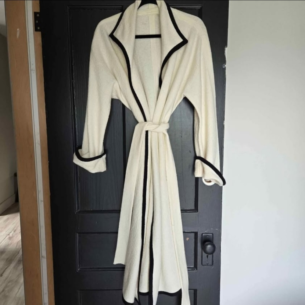 100% Wool Long Cardigan Robe Or Coat Cream And Black Details